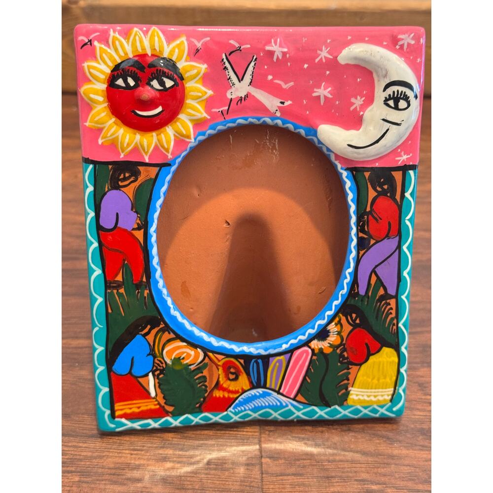 Vtg Hand Painted Sun Mexico Pottery Clay Terracotta Picture frame 7x5 Mexicana